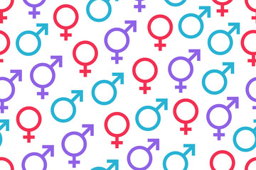 Female, male and transgender symbols seamless pattern. Repetitive vector illustration of sexuality icons on transparent background. Intersex signs.