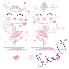 cute white cartoon cat in ballet tutu, kitty girl in a pink skirt