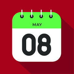 May day 8. Number eight on a white paper with green color border on a red background vector.