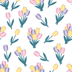 Seamless pattern of multicolored tulip bouquet with leaves on a white background. Simple floral pattern in flat style.