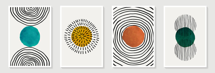 Creative minimalist hand painted Abstract art background with watercolor stain and Hand Drawn doodle Scribble Circle. Design for wall decoration, postcard, poster or brochure © Hulinska Yevheniia
