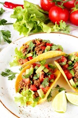 Mexican tacos with roast minced meat with avocado, fresh tomatoes, paprika and cilantro.