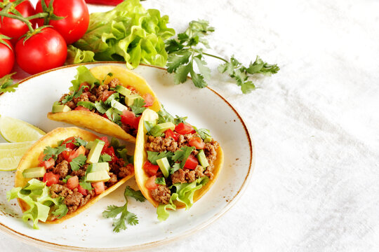 Mexican tacos with roast minced meat with avocado, fresh tomatoes, paprika and cilantro.