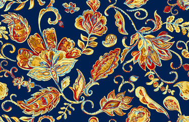 Paisley watercolor floral pattern tile: flowers, flores, tulips, leaves. Oriental indian traditional hand painted water color whimsical seamless print, ceramic design. Abstract india batik background