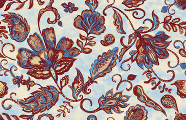 Paisley watercolor floral pattern tile: flowers, flores, tulips, leaves. Oriental indian traditional hand painted water color whimsical seamless print, ceramic design. Abstract india batik background