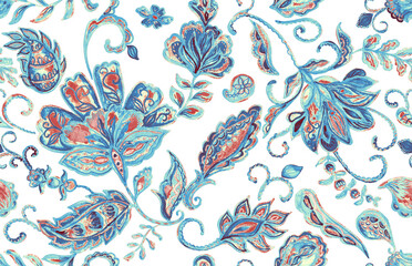 Paisley watercolor floral pattern tile: flowers, flores, tulips, leaves. Oriental indian traditional hand painted water color whimsical seamless print, ceramic design. Abstract india batik background