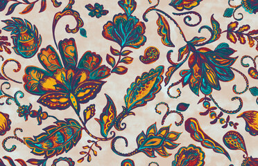 Paisley watercolor floral pattern tile: flowers, flores, tulips, leaves. Oriental indian traditional hand painted water color whimsical seamless print, ceramic design. Abstract india batik background