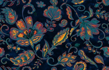 Paisley watercolor floral pattern tile: flowers, flores, tulips, leaves. Oriental indian traditional hand painted water color whimsical seamless print, ceramic design. Abstract india batik background