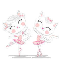 Obraz na płótnie Canvas A pair of cute white ballerina cats in pink ballet tutu and pointe