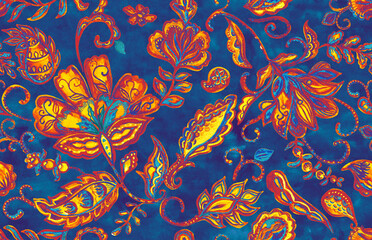 Paisley watercolor floral pattern tile: flowers, flores, tulips, leaves. Oriental indian traditional hand painted water color whimsical seamless print, ceramic design. Abstract india batik background