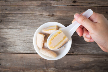Banana in coconut milk. Asian tradition culture dessert. Fruit dessert.