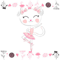 Obraz na płótnie Canvas Cute dancing cat ballerina in tutu. Cartoon hand drawn.