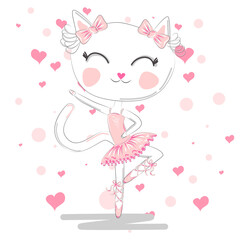 Obraz na płótnie Canvas Hand drawn beautiful, lovely, little ballerina with cat.
