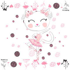 Cute ballerina cat dancing ballet in pink tutu