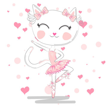 Hand drawn beautiful, lovely, little ballerina with cat.