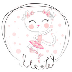 Cute dancing cat ballerina in the blue tutu. Cartoon hand drawn.