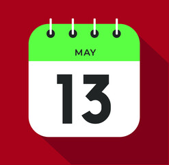 May day 13. Number thirteen on a white paper with green color border on a red background vector.