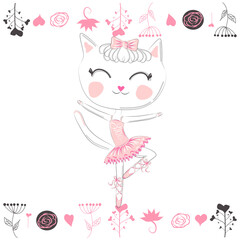 Cute dancing cat ballerina in tutu. Cartoon hand drawn.