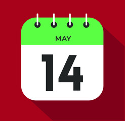 May day 14. Number fourteen on a white paper with green color border on a red background vector.