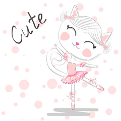 Hand Drawn Cute Cat, ballerina illustration, children print