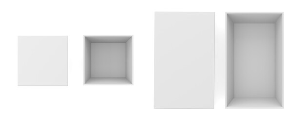 White 3d rendering blank open rectangular box with box separate lid, isolated whitebackground, top view.3d illustration.;