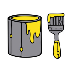 Vector Paint Can and Brush with yellow paint. Isolated on white background. Doodle hand drawn simple style