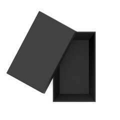 Black 3d rendering blank open rectangular box with box separate lid, isolated whitebackground, top view.3d illustration.