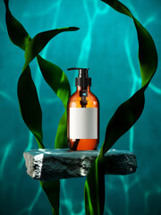 Underwater mockup concept for product presentation. Cosmetic bottle and seaweed with water caustic on blue background. Clipping path of each element included. 3d rendering illustration.  © 3DJustincase
