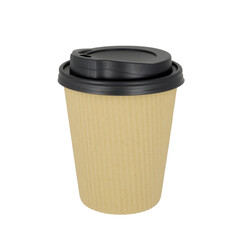 Cardboard cup for coffee or tea made from recycled paper with black plastic lid isolated on white background