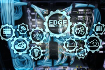 EDGE COMPUTING on modern server room background. Information technology and business concept for resource intensive distributed computing services