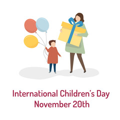 International Children’s Day November 20th Happy kid with Balloons Mother Holding Gift illustration