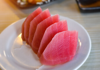 Tuna sashimi in Japanese restaurant table serve.