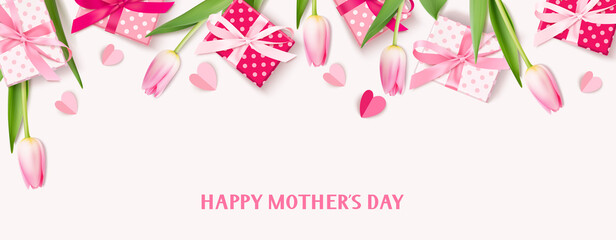 Happy Mothers Day. Holiday design template. Greeting text with decorative gift box, pink tulip flowers and paper hearts. Spring banner. Flat lay. Vector stock illustration