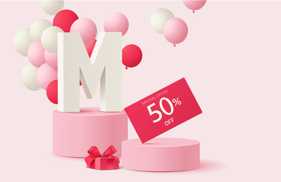 Mothers Day Sale Design Template. Pink Stage With Discount Tag, Gift Box And Pink Balloon. Round Poduim. Vector Stock Illustration.