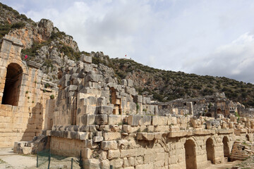 Fototapeta na wymiar view to the ruins of ancient roman theatre amphitheatre of Myra near Demre, Turkey