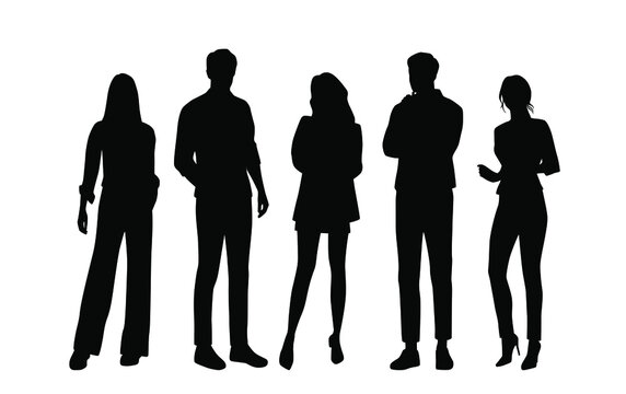 Vector silhouettes of  men and a women, a group of standing  business people, black  color isolated on white background
