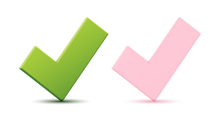 Vector 3d green and pink checklist checkmark icons. Correct check mark answer flag. OK and yes © Ra