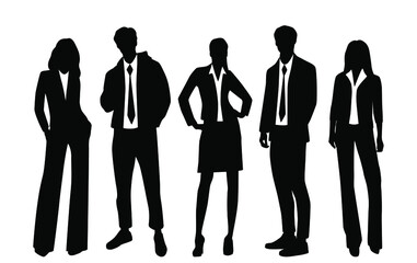 Vector silhouettes of  men and a women, a group of standing  business people, black  color isolated on white background