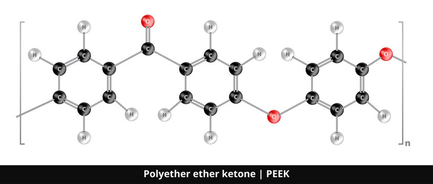 Vector Ball-and-stick Model Or Icon Of Thermoplastic High-performance Semicrystalline Polymer Or Plastic Polyether Ether Ketone PEEK With Excellent Mechanical And Chemical Resistance Isolated On White