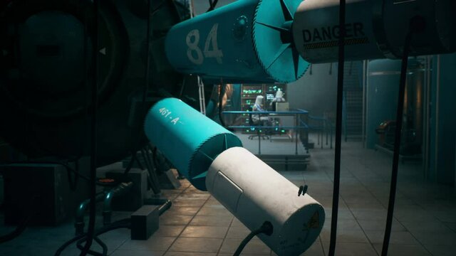 Scientists of the future are preparing to launch a sci-fi thermonuclear reactor. The animation is for fantastic, the futuristic or scientific backgrounds. Physicist scientist at work.