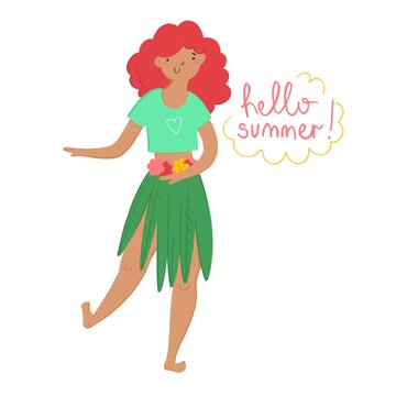 A cute curly-haired girl in a skirt made of leaves is dancing. Hello summer. Flat illustration on white background.