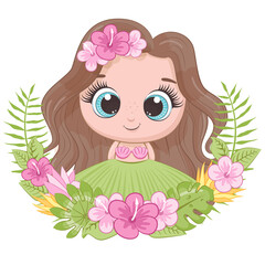 Cute little girl with wreath of hawaii flowers. Cartoon vector illustration.