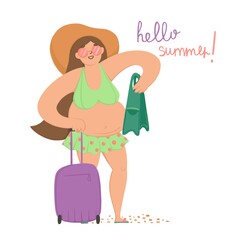 A cute plump girl in a green swimsuit holds a suitcase on wheels and fins. Hello summer. Flat illustration isolated on white background.