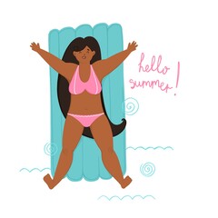 A swarthy smiling girl lies on an inflatable mattress and swims. Hello summer. Flat illustration isolated on white background.