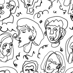Abstract female faces and scribble. Minimalistic elegant women portraits. Vector seamless pattern. Continuous line art ornament. Modern design for wallpaper, prints, textile, fabric, wrap, background.