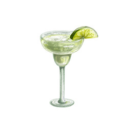 Alcohol cocktail margarita with slice lime. Vintage hatching illustration