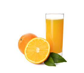 Orange juice, fresh fruits and green leaves on white background