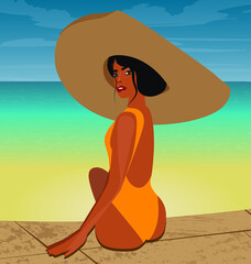 Digital illustration of a summer girl in a big hat on the beach