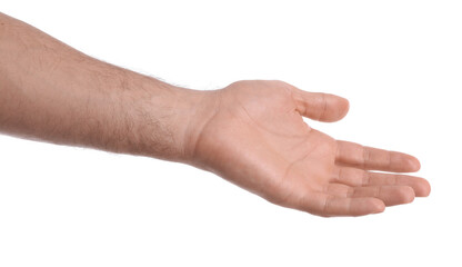 Man showing hand on white background, closeup