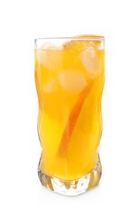 Delicious orange soda water with fruit slice on white background